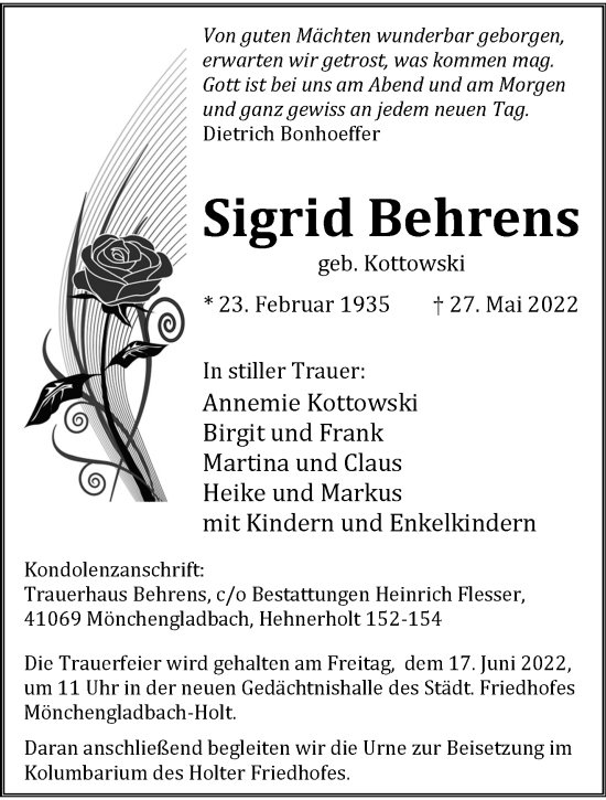 Traueranzeigen Von Sigrid Behrens Trauer Und Gedenken