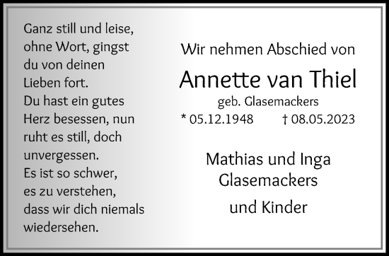 Traueranzeigen Von Annette Van Thiel Trauer Und Gedenken