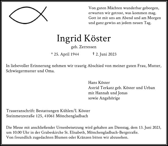 Traueranzeigen von Ingrid Köster Trauer und Gedenken