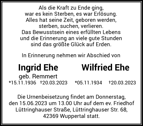 Traueranzeige von Ingrid und Wilfried Ehe von trauer.wuppertaler-rundschau.de