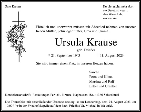 Traueranzeigen Von Ursula Krause Trauer Und Gedenken