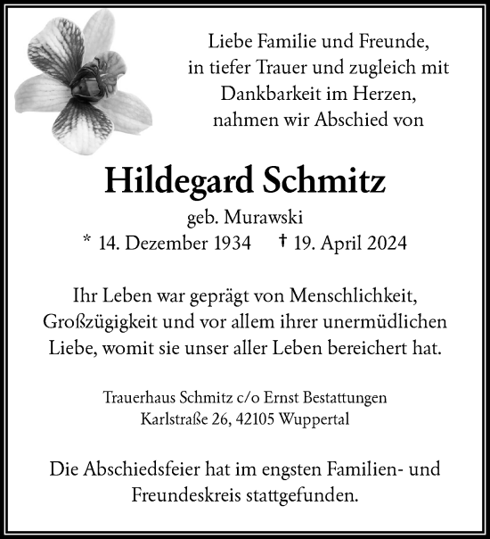 Traueranzeige von Hildegard Schmitz von trauer.wuppertaler-rundschau.de