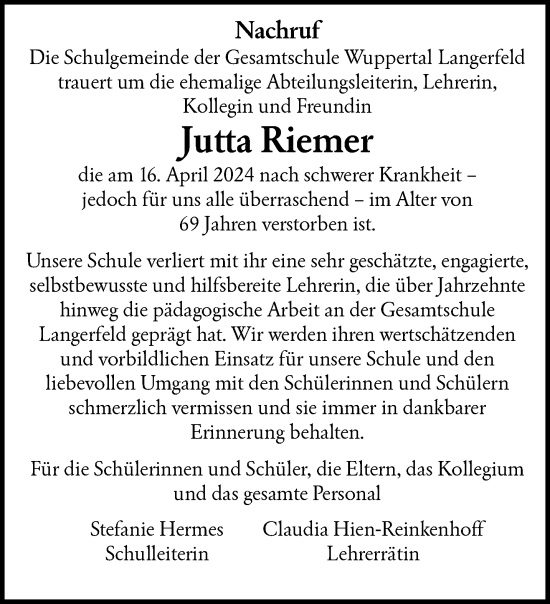Traueranzeige von Jutta Riemer von trauer.wuppertaler-rundschau.de