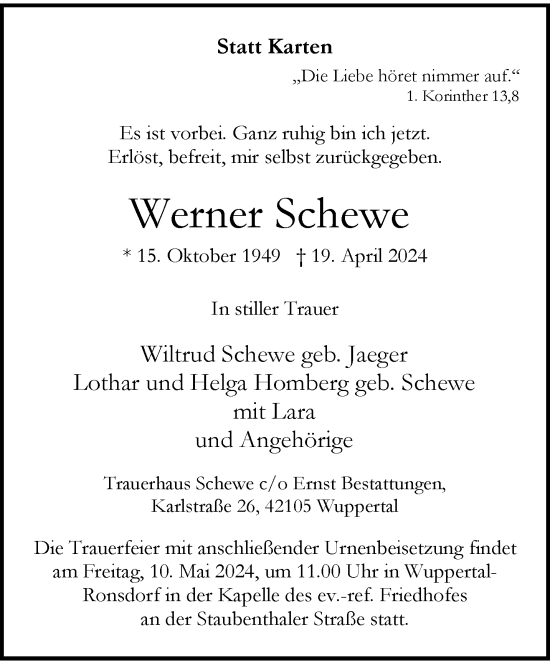 Traueranzeige von Werner Schewe von trauer.wuppertaler-rundschau.de