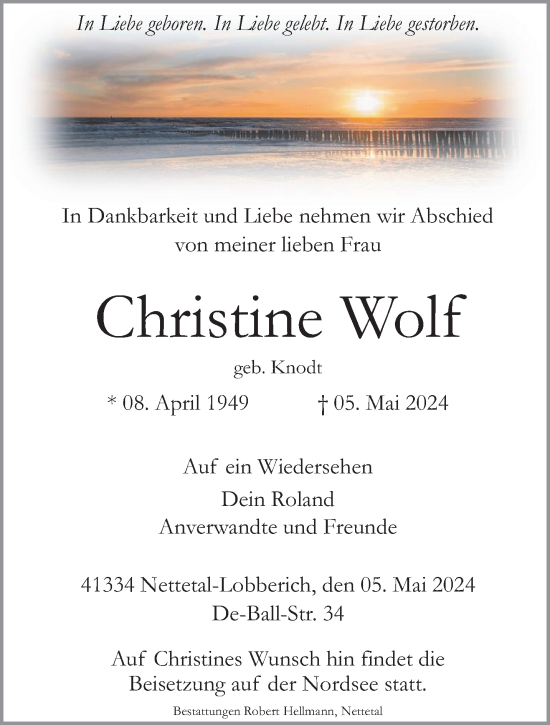 Traueranzeige von Christine Wolf von trauer.extra-tipp-moenchengladbach.de