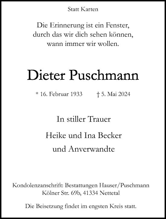 Traueranzeige von Dieter Puschmann von trauer.extra-tipp-moenchengladbach.de