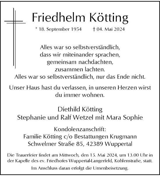 Traueranzeige von Friedhelm Kötting von trauer.wuppertaler-rundschau.de