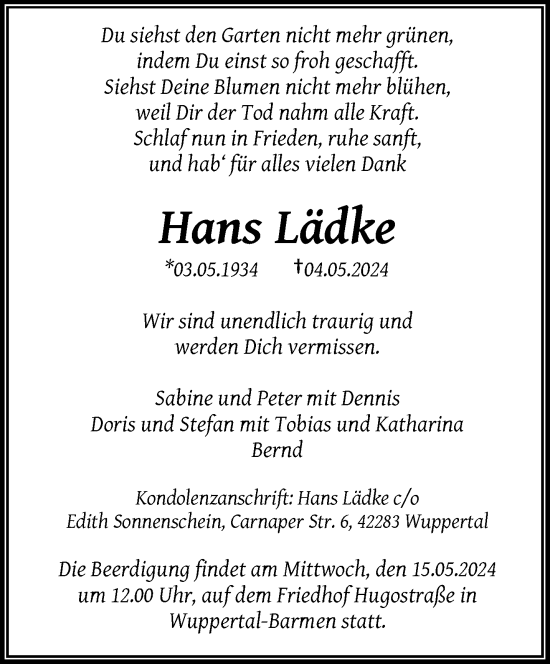 Traueranzeige von Hans Lädke von trauer.wuppertaler-rundschau.de