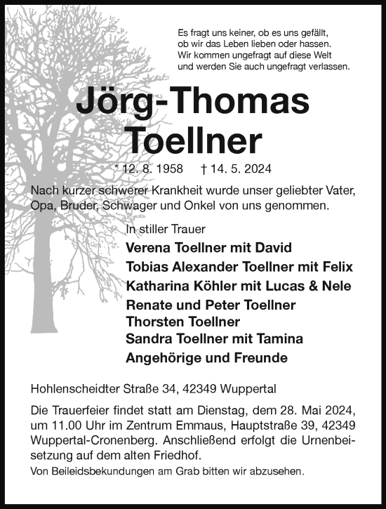Traueranzeige von Jörg-Thomas Toellner von trauer.wuppertaler-rundschau.de