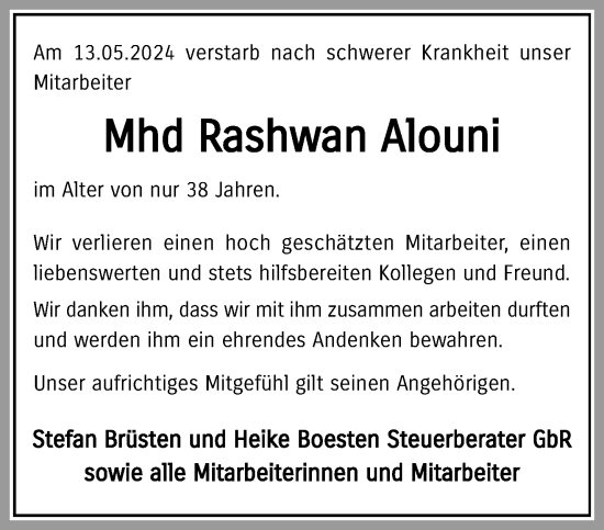 Traueranzeige von Rashwan Alouni von trauer.extra-tipp-moenchengladbach.de
