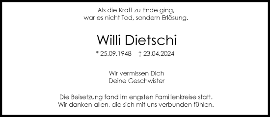 Traueranzeige von Willi Dietschi von trauer.extra-tipp-moenchengladbach.de