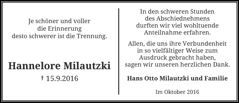  Traueranzeige für Hannelore Milautzki vom 29.10.2016 aus trauer.wuppertaler-rundschau.de