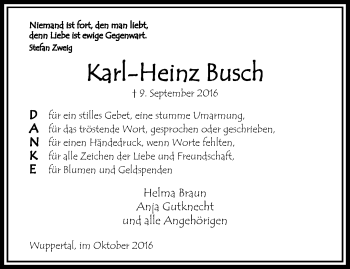 Traueranzeige von Karl-Heinz Busch von trauer.wuppertaler-rundschau.de