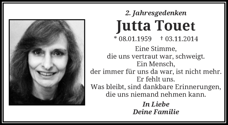  Traueranzeige für Jutta Touet vom 05.11.2016 aus trauer.wuppertaler-rundschau.de