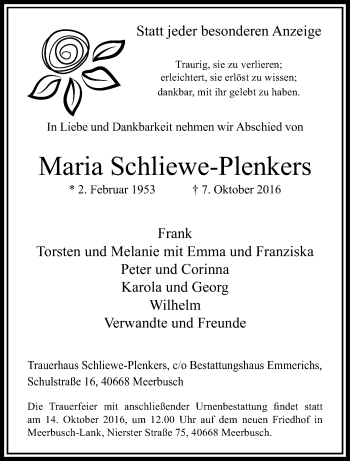 Traueranzeige von Maria Schliewe-Plenkers von trauer.extra-tipp-moenchengladbach.de