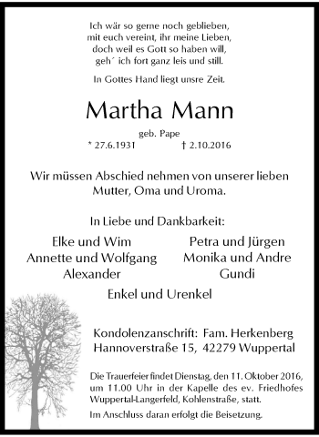 Traueranzeige von Martha Mann von trauer.wuppertaler-rundschau.de