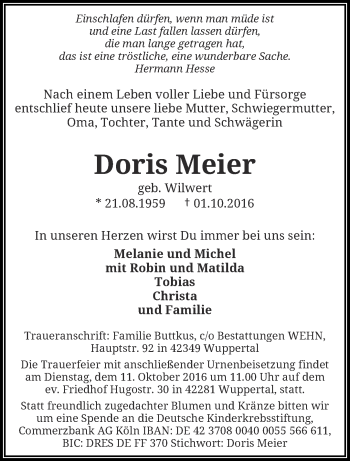Traueranzeige von Doris Meier von trauer.wuppertaler-rundschau.de