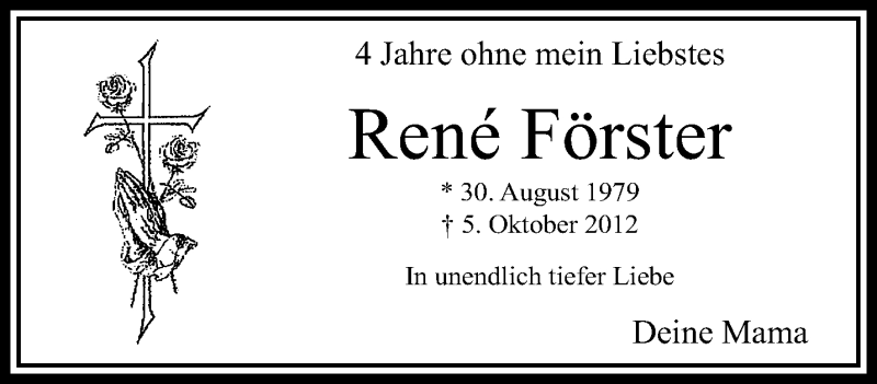  Traueranzeige für René Förster vom 09.10.2016 aus trauer.extra-tipp-moenchengladbach.de