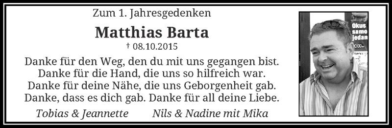  Traueranzeige für Matthias Barta vom 08.10.2016 aus trauer.wuppertaler-rundschau.de