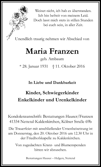 Traueranzeige von Maria Franzen von trauer.extra-tipp-moenchengladbach.de