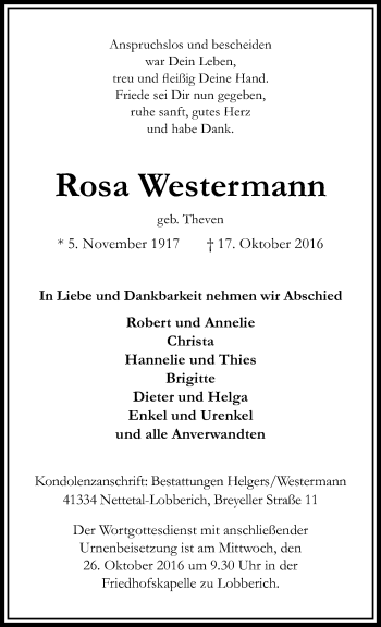 Traueranzeige von Rosa Westermann von trauer.extra-tipp-moenchengladbach.de