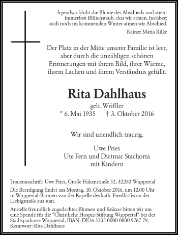 Traueranzeige von Rita Dahlhaus von trauer.wuppertaler-rundschau.de
