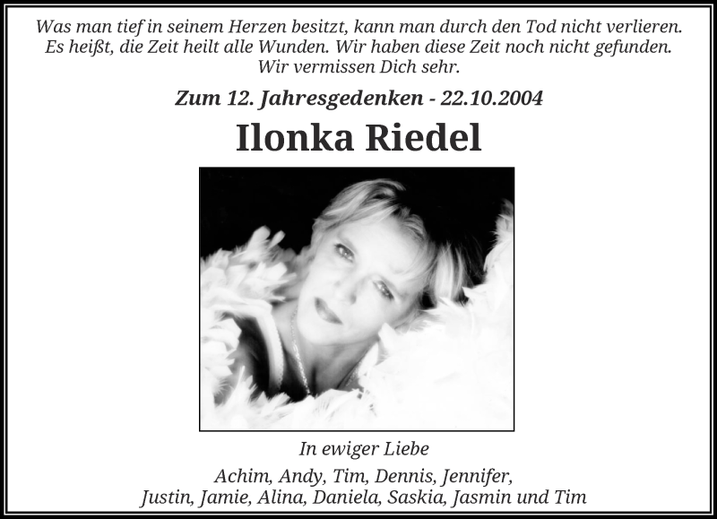  Traueranzeige für Ilonka Riedel vom 22.10.2016 aus trauer.wuppertaler-rundschau.de