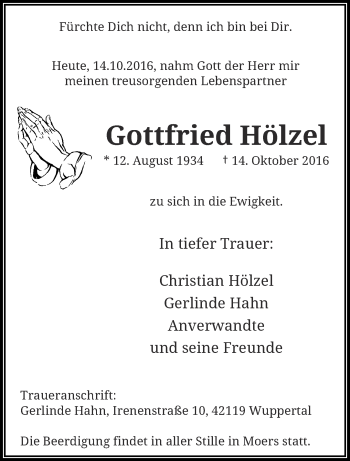 Traueranzeige von Gottfried Hölzel von trauer.wuppertaler-rundschau.de