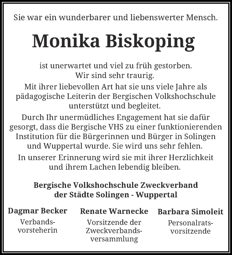  Traueranzeige für Monika Biskoping vom 09.11.2016 aus trauer.wuppertaler-rundschau.de