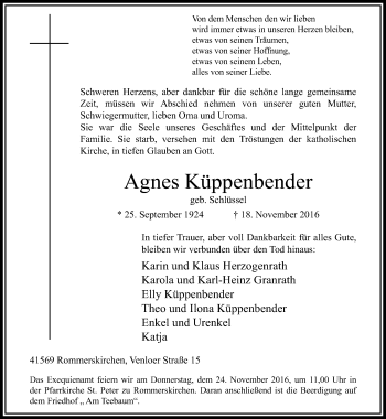 Traueranzeige von Agnes Küppenbender von trauer.stadt-kurier.de