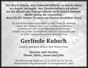 Traueranzeige von Gerlinde Kubsch von trauer.wuppertaler-rundschau.de