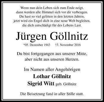 Traueranzeige von Jürgen Göllnitz von trauer.mein.krefeld.de