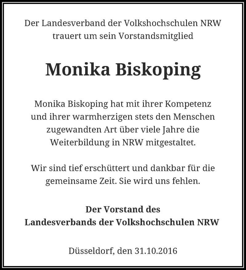  Traueranzeige für Monika Biskoping vom 05.11.2016 aus trauer.wuppertaler-rundschau.de