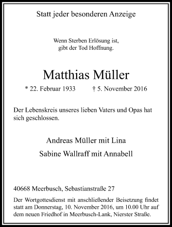 Traueranzeige von Matthias Müller von trauer.extra-tipp-moenchengladbach.de