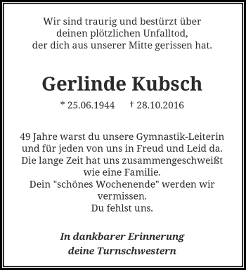 Traueranzeige von Gerlinde Kubsch von trauer.wuppertaler-rundschau.de