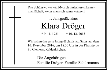 Traueranzeige von Klara Dröger von trauer.extra-tipp-moenchengladbach.de