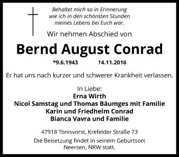 Traueranzeige von Bernd August Conrad von trauer.mein.krefeld.de