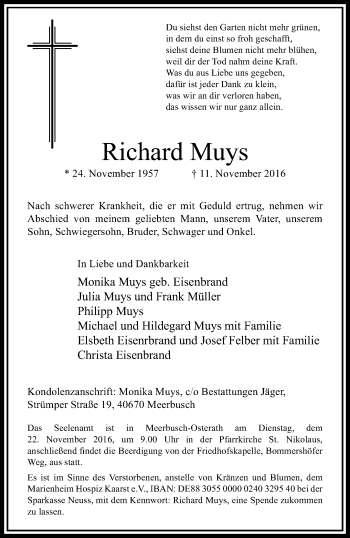 Traueranzeige von Richard Muys von trauer.extra-tipp-moenchengladbach.de