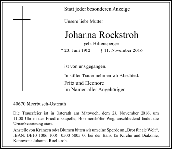 Traueranzeige von Johanna Rockstroh von trauer.extra-tipp-moenchengladbach.de