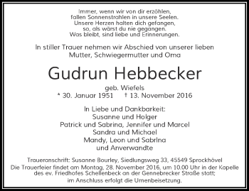 Traueranzeige von Gudrun Hebbecker von trauer.wuppertaler-rundschau.de