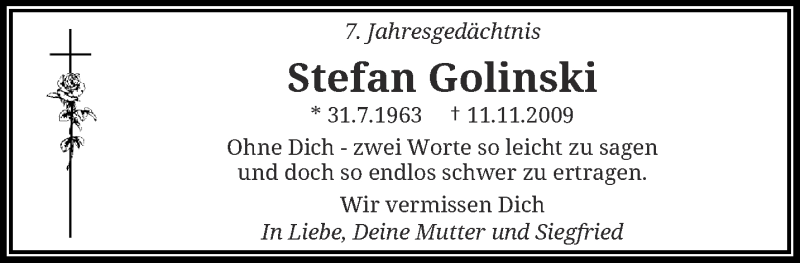  Traueranzeige für Stefan Golinski vom 12.11.2016 aus trauer.wuppertaler-rundschau.de