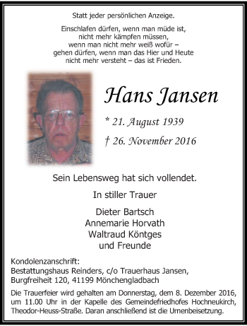 Traueranzeige von Hans Jansen von trauer.stadt-kurier.de