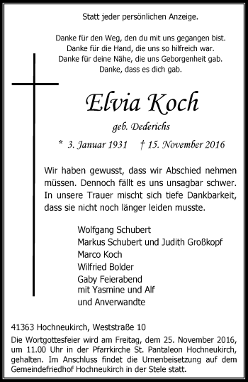 Traueranzeige von Elvia Koch von trauer.stadt-kurier.de