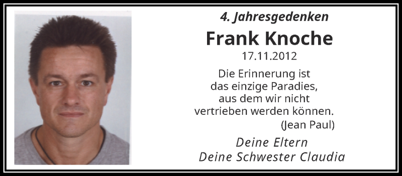  Traueranzeige für Frank Knoche vom 23.11.2016 aus trauer.wuppertaler-rundschau.de