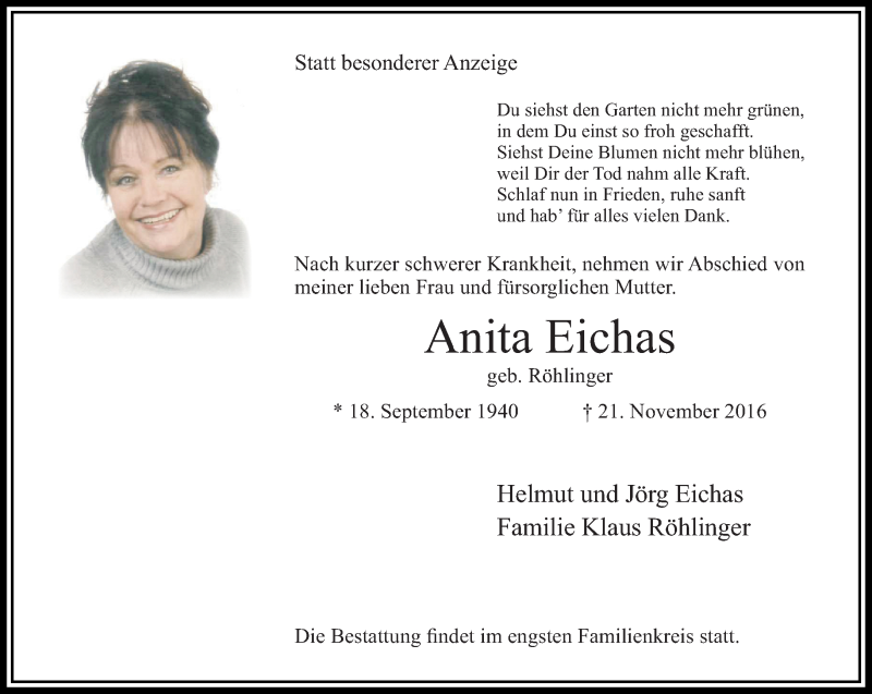  Traueranzeige für Anita Eichas vom 26.11.2016 aus trauer.stadt-kurier.de