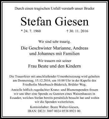 Traueranzeige von Stefan Giesen von trauer.extra-tipp-moenchengladbach.de