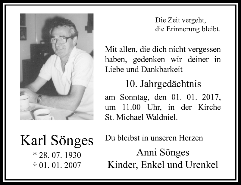  Traueranzeige für Karl Sönges vom 25.12.2016 aus trauer.extra-tipp-moenchengladbach.de