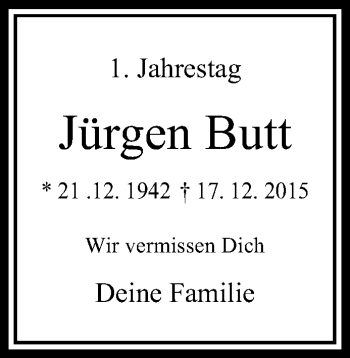 Traueranzeige von Jürgen Butt von trauer.duesseldorfer-anzeiger.de