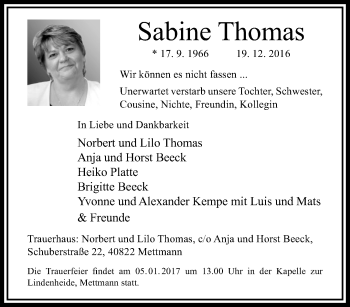 Traueranzeige von Sabine Thomas von trauer.duesseldorfer-anzeiger.de