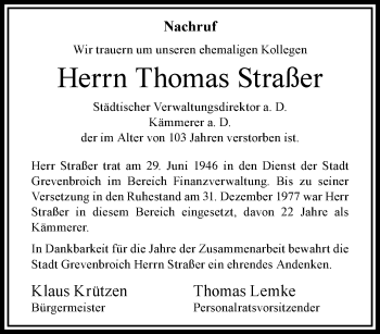 Traueranzeige von Thomas Straßer von trauer.stadt-kurier.de